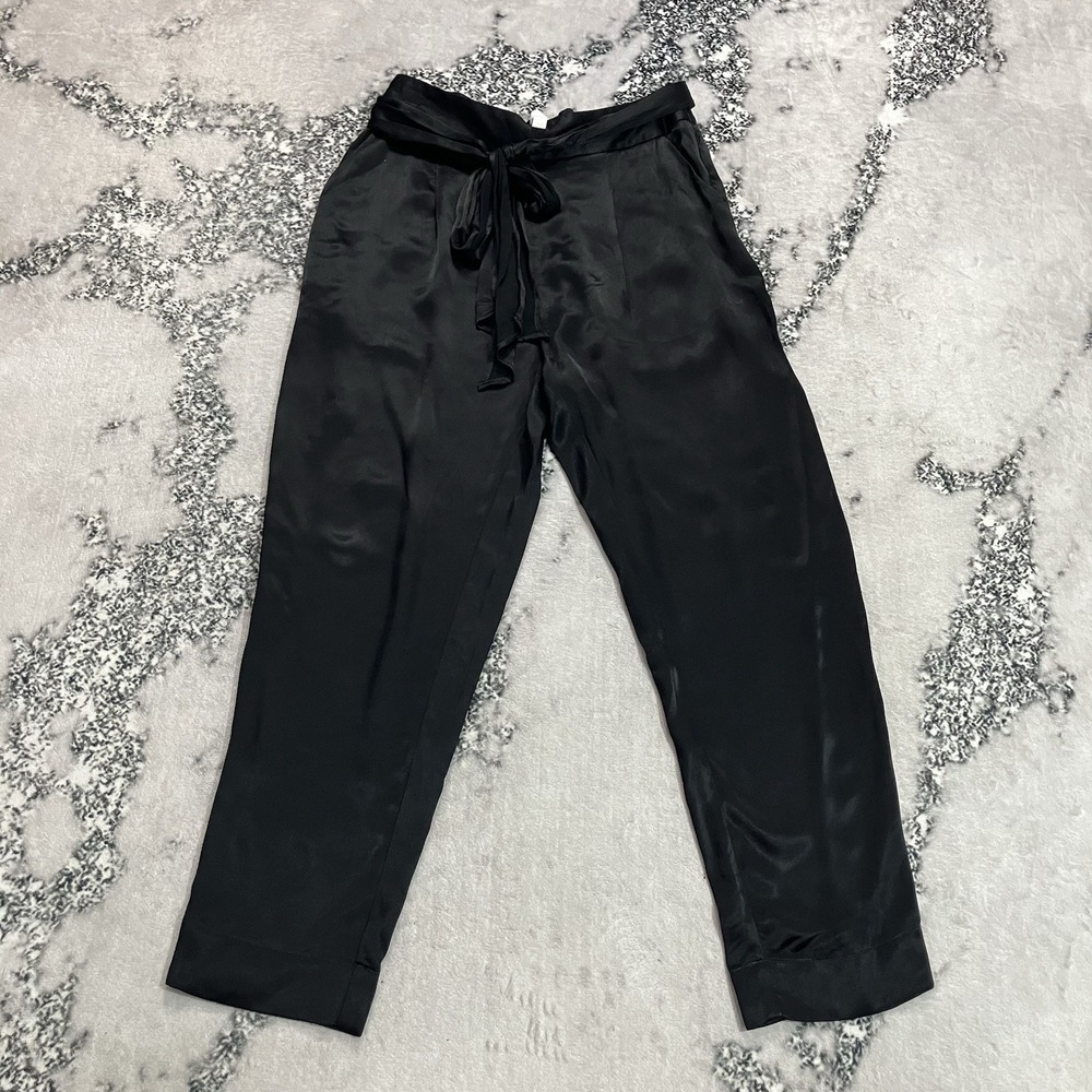 Anthropologie Elevenses Women's Size 6 Black Satin Tie Waist Wide Leg Pants